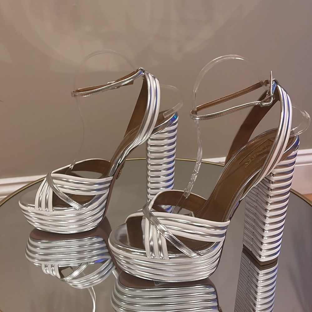 Aquazzura Sundance Silver metallic Platform heeled sandals sz 41 - Picture 11 of 17